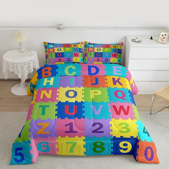 Feelyou Kids Puzzle Alphabet Numbers Comforter Set Toddler Size ABC Letters Bedding Set for Kids Boys Girls Educational Duvet Quilt English Learning Bedroom Decor Microfiber 2 Pcs with 1 Pillow Cases