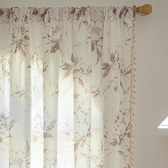 ENJOYBRIDAL Floral 63 Inch Curtains for Bedroom Cute Drapes Boho Semi Sheer Living Room Short Window Curtain Panels Retro Light Filtering Farmhouse Rod Pocket 2 Panels Window Treatments
