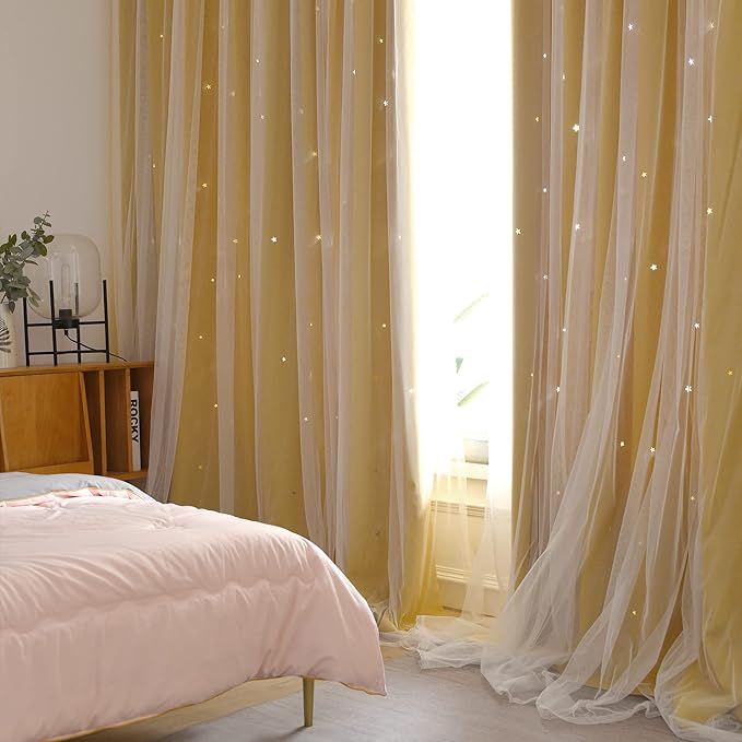Kinryb Kids Blackout Curtains for Bedroom/Living Room/Classroom, Sheer Overlay Extra Long 2 Panel Set, Double Layer Curtains with Star Cutout for Kids Room(W 52 x L 108 Inches,Yellow 2 Pcs)