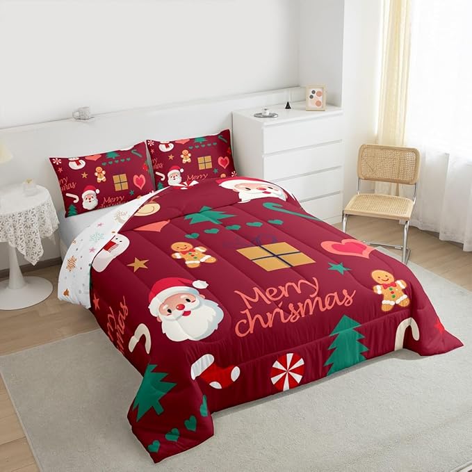 Feelyou Merry Christmas Comforter Set All Season Santa Claus Snowman Bedding Set with 2 Pillow Cases Gingerbread Man Microfiber Kids Queen Bedclothes Xmas Tree Deer Bedroom Decor Duvet Quilt Soft