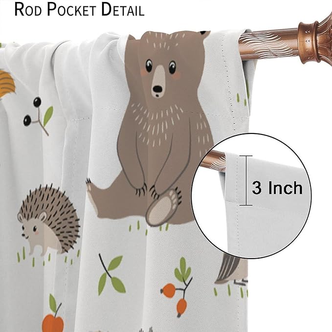 Forest Animal Curtains for Kids, Cartoon Safari Woodland Animals Window Treatments Cute Wild Jungle Bear Fox Deer Bear Window Drapes for Girls Boys Nursery Toddler Bedroom 52x84in