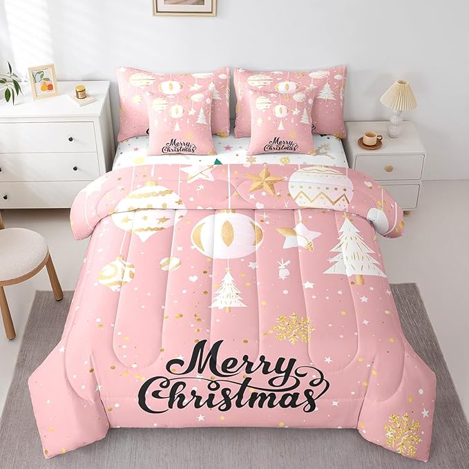 Feelyou Christmas Tree Bed Set for Children Kids Boys Girls Pink Xmas Theme Bed in a Bag Glitter Snowflake Star Comforter Set with Sheets Room Decor Bedding Set King Size