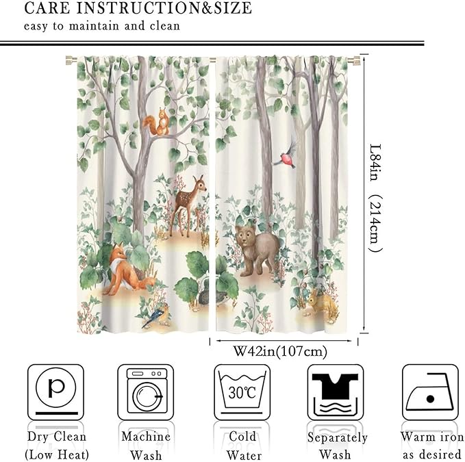 Forest Animal Curtains,Fox Elk Bird Animal Watercolor Woodland Print Curtains Kids Nursery Bedroom Living Room Home Decoration 84x84in