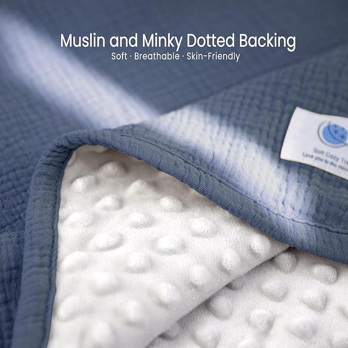 lulumoon Baby Blankets for Boys Newborn: Reversible Muslin & Minky Dotted Backing - Thermal Receiving Blanket for Stroller & Registry Gift 30"x40"(Blue)