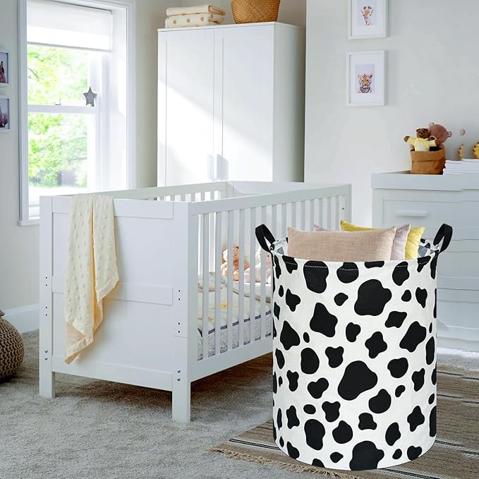 KUNRO Round Laundry Gift Basket Storage Hamper, Kids Toys and Clothes Storage Organizer Bins, Toy Shelf Basket with Handles for Room Decor (Rould Cow pattern)