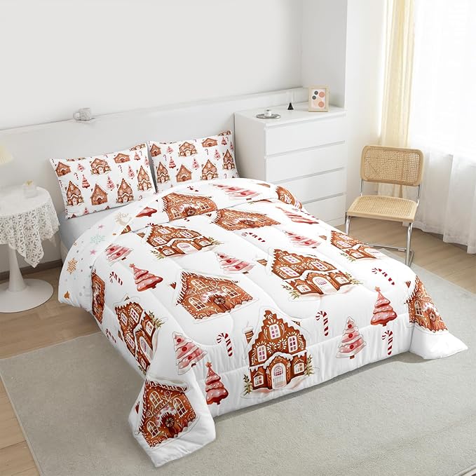 Feelyou Merry Christmas Comforter Set King Size Gingerbread House Bedding Set for Kids Boys Girls Xmas Tree Duvet Quilt Candy Cane Bedroom Decor Microfiber 3 Pcs with 2 Pillow Cases
