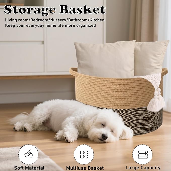 Large Blanket Basket for Organizing,115L Closet Organizers and Storage Bins Box for Shelves Woven Rope Storage Baskets,Living Room,Bedroom,Dorm,Laundry room (Jute&Black)