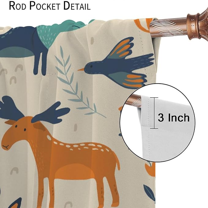 Kids Forest Animal Curtains, Rustic Cartoon Cute Wild Animal Window Treatments Woodland Safari Animal Fox Deer Bear Window Drapes for Girls Boys Nursery Toddler Bedroom 72x63in