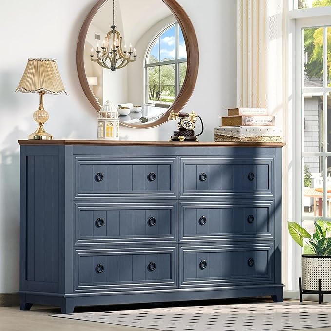 Farmhouse Living Room Sets, Night Stands Set of 2 and 6 Drawers Dresser for Bedroom, 54 Inch Wide Wood Dresser and 18.1" Night Stands with Charging Station for Bedroom, Living Room, Hallway