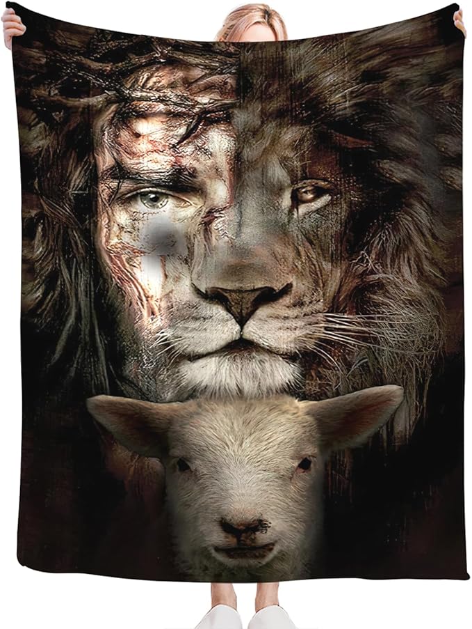 Tijuboni Lion Lamb Throw Blanket Christian Religious Gifts for Women Men Girls Boys Kids Adults Soft Flannel Fleece Blanket for Couch Sofa Bed Home Decor 60"x80"