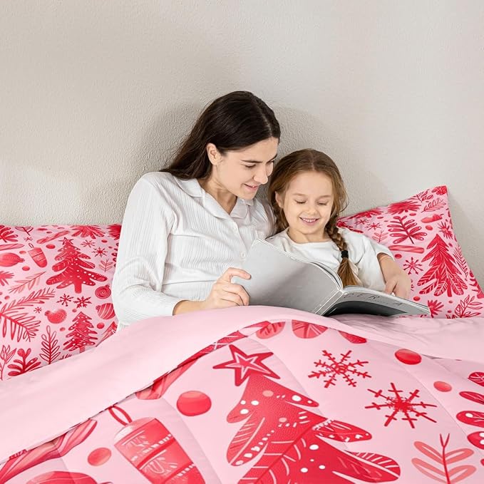 Feelyou Christmas Kids Comforter Set Full Size Snowflake Candy Bedding Set Xmas Tree Duvet Quilt for Kids Boys Girls Bedroom Pine Tree Decor Microfiber Ultra Soft Breathable