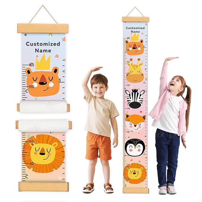 Personalized Name Height Chart for Kids, Kids Growth Chart for Wall, 59" X 7.9" Canvas Removable Height Chart Measuring Ruler for Kids & Baby(Painted Animal）