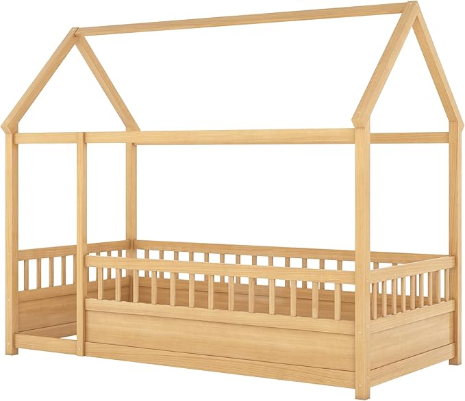Twin Size House Bed with High Fence for Kids,Twin Floor Bed Frame, Kids Montessori Bed Twin Size,Solid Wood House Bed Frame for Boys,Girls,Natural