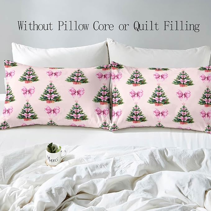 LUVIVIHOME 3PCS Pink Bow Christmas Tree Duvet Cover Queen Bedding Sets, Teen Girl Bedding, Light Pink Duvet Cover, Xmas Tree Winter Holiday Festival Coquette Christmas Comforter Cover, 2 Pillow Cases
