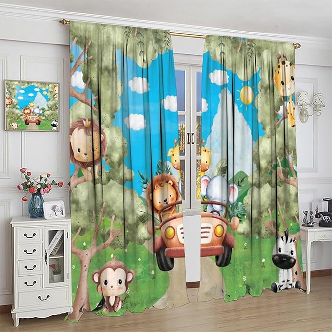 Jungle Animals Curtains, Cartoon Safari Animals Tropical Forest Leaf Window Treatments, Rod Pocket Thermal Insulated Drapes 2 Panel Sets for Kids Bedroom Nursery Classroom, 42" W X 45" L
