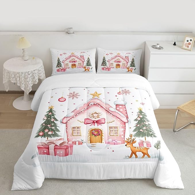 Feelyou Gingerbread House Bedding Set Soft for Boys Girls, Christmas Tree Comforter Set Queen Size Reindeer Duvet Quilt Microfiber Snowflake Bedroom Decor Holiday Scene 3 Pcs with 2 Pillow Cases