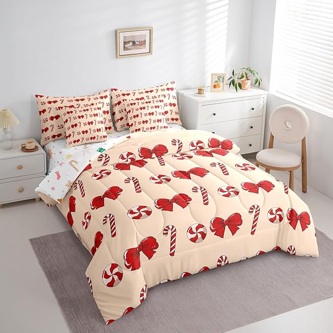 Feelyou Red Christmas Girly Comforter Set with Sheets Kids Christmas Bowknot Bedding Set Boys Girls Bow Candy Decor Bed in a Bag Xmas Theme Bed Set Bedroom Queen Size