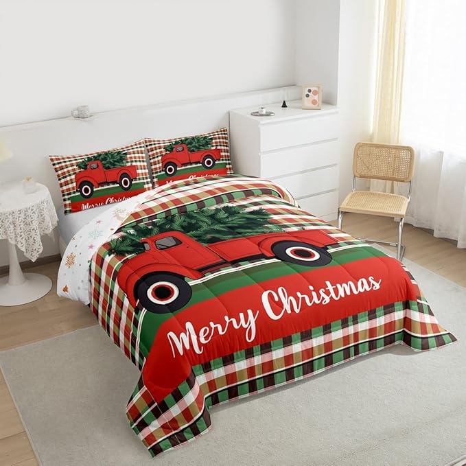 Feelyou Merry Christmas Kids Comforter Set Full Size Christmas Tree Bedding Set Snowflake Duvet Quilt for Kids Boys Girls Bedroom Winter Decor Microfiber Ultra Soft Breathable