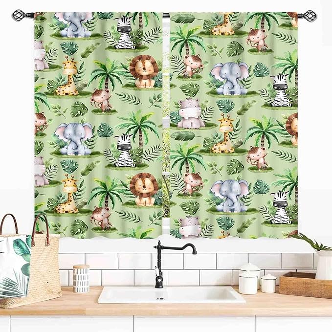 Jungle Safari Animals Curtains, Cartoon Animals Lion Giraffe Elephant Woodland Tropical Leaf Green Window Drapery for Kids Boys Girls Baby Living Room Bedroom Nursery 2 Panels, 55x39 Inch