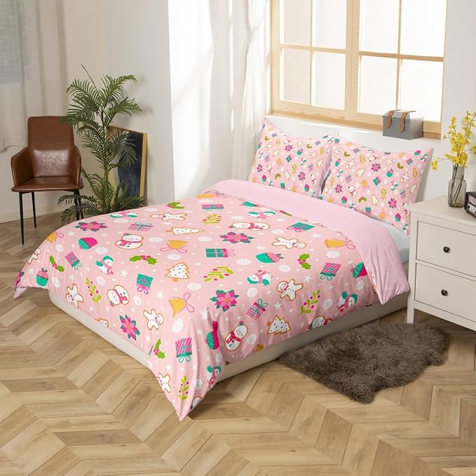 Christmas Kids Bedding Set Cartoon Christmas Tree Snowman Duvet Cover for Boys Children Teens Bedroom Decor Flower Birds Comforter Cover Set Pink New Year Bedspread Cover Full Size with 2 Pillow Case