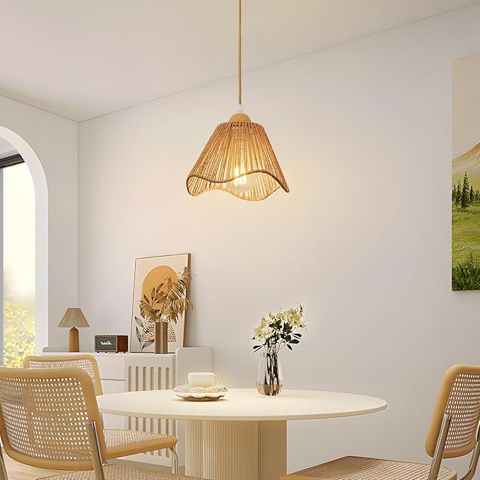 Wave Rattan Chandelier Pendant Lights Kitchen Island,Farmhouse Boho Chandeliers Adjustable Height Hanging lamp for Dining Room,Kitchen Ceiling Light Fixtures with Hand Woven Wicker Lampshade