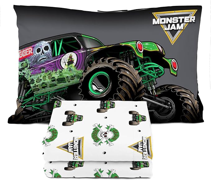 Sunny Side Up Monster Jam Grave Digger Twin Sheet Set - 3 Piece Kids Bedding Set Includes Pillow Cover - Super Soft Microfiber Sheets