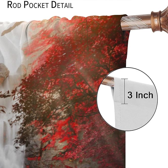Nature Waterfall Blackout Curtains, Autumn Waterfall Romantic Forest Landscape Print Rod Pocket Window Drapes, for Bedroom Living Room 42" W X 63" L