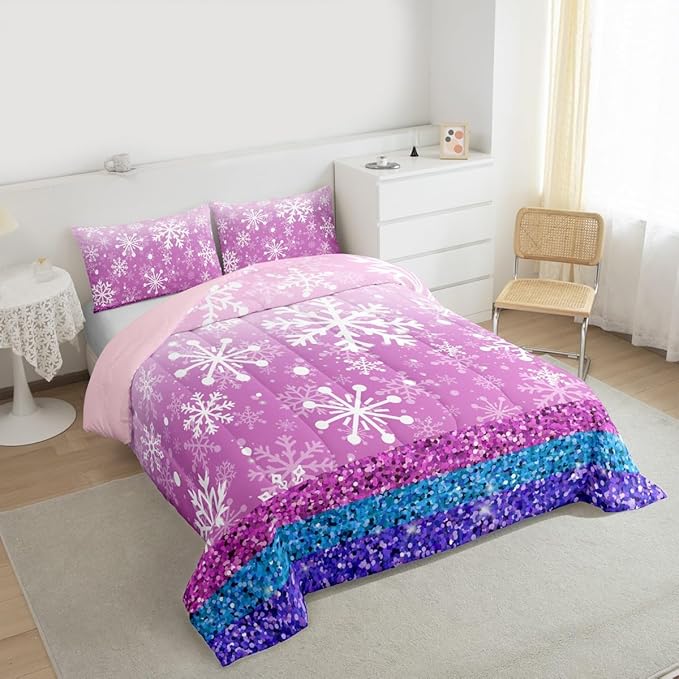 Feelyou Pink Snowflake Comforter Set Queen Size Winter Snowflake Bedding Set for Kids Boys Girls Christmas Duvet Quilt Glitter Print Bedroom Decor Microfiber 3 Pcs with 2 Pillow Cases