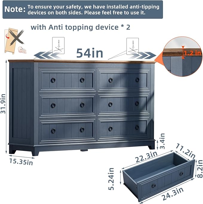 Farmhouse Living Room Sets, Night Stands Set of 2 and 6 Drawers Dresser for Bedroom, 54 Inch Wide Wood Dresser and 18.1" Night Stands with Charging Station for Bedroom, Living Room, Hallway