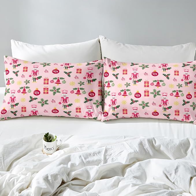Feelyou Christmas Pink Nutcracker Comforter Cover Queen Size Cute Royal Guarder Duvet Cover Xmas Snowflake Bedding Set Gifts for Kids Boys Girls Decor 2 Pillow Cases Pink