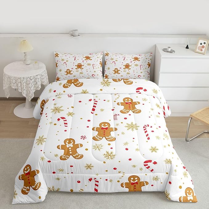 Feelyou Cute Gingerbread Man Comforter Set Twin Size Candy Cane Bedding Set for Kids Boys Girls Golden Snowflake Duvet Quilt Christmas Pattern Bedroom Decor Festive Design 2 Pcs with 1 Pillow Cases