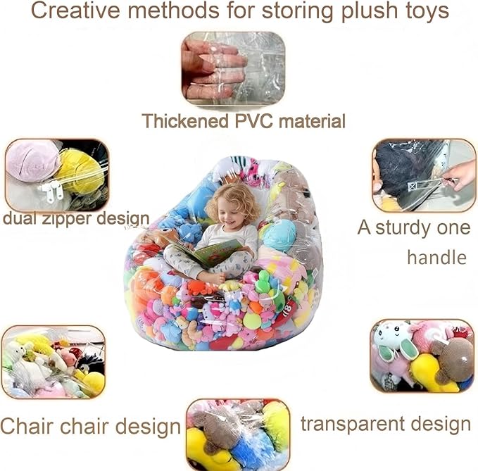 Clear Stuffed Animal Storage Bean Bag Chair Cover - Extra Large 150L, Waterproof & Easy-Clean Toy Organizer with Plastic Window,forNursery, Bedroom, Playroom (Cover Only, No Filler) (1 pcs)
