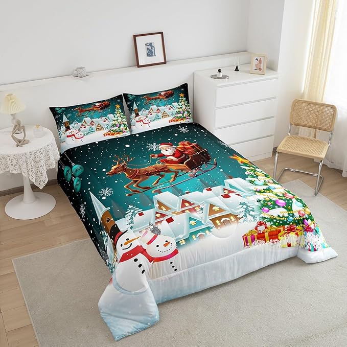 Manfei Christmas Comforter Set Full Size, Xmas Tree Snowman Bedding Set 3pcs for Kids Boys Girls Room Decor, Santa Claus with Reindeer Quilt Set New Year Theme Duvet Set with 2 Pillowcases