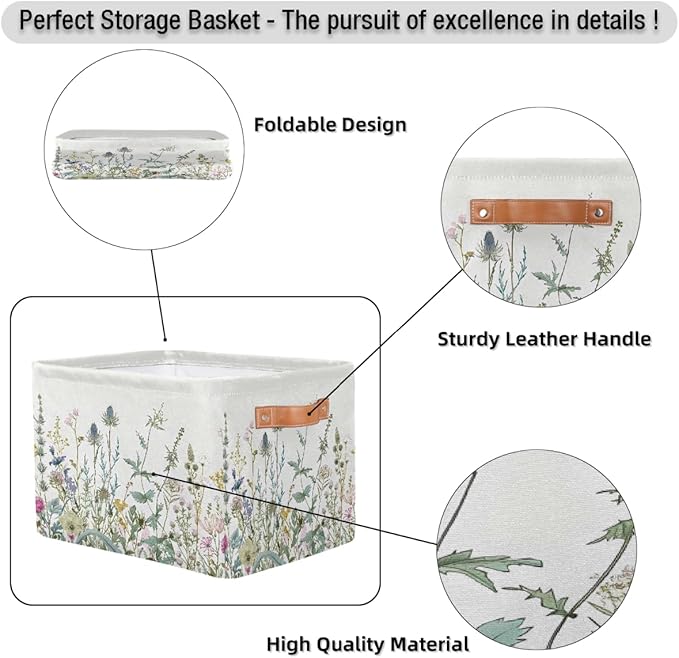 Wildflowers Leaves Storage Basket for Shelves, Storage Bins with Handles, Collapsible Basket for Organizing, Closet Toy Baskets for Nursery Room, 15x11x9.5 in, Canvas, Herbal Wildflower