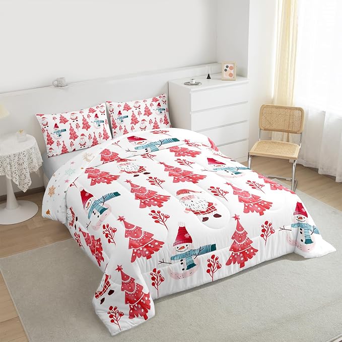 Feelyou Merry Christmas Comforter Set All Season Xmas Tree Snowman Bedding Set with 2 Pillow Cases Santa Claus Microfiber Kids Queen Bedclothes Bedroom Decor Duvet Quilt Breathable Soft