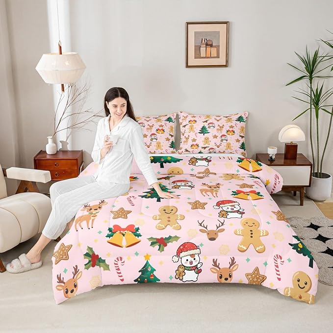 Feelyou Merry Christmas Bedding Set Soft for Boys Girls, Gingerbread Man Comforter Set Full Size Cute Deer Duvet Quilt Microfiber Christmas Tree 3 Pcs with 2 Pillow Cases