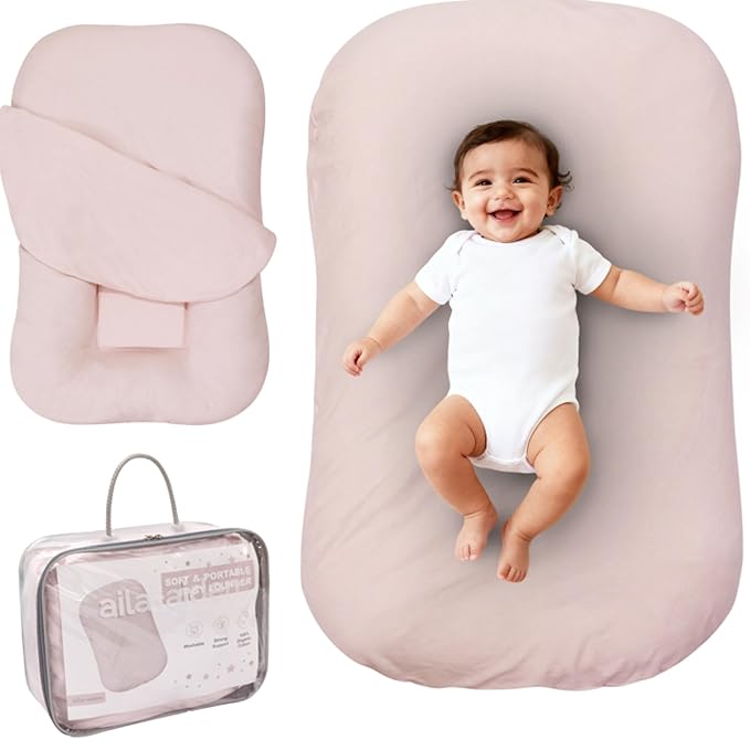 Aila + Aiden Baby Lounger | Organic Cotton Infant Lounger | Adjustable & Portable Floor Lounger | Supervised Use | Soft, Breathable, Washable Cover - Snuggle Collection - (Pink)