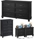 Farmhouse Bedroom Dresser and Nightstand Set of 4, 6 Drawer Tall & Low Dresser & 2 Drawer Nightstand Set, Rustic Wood Furniture Set for Bedroom, Hallway, Black