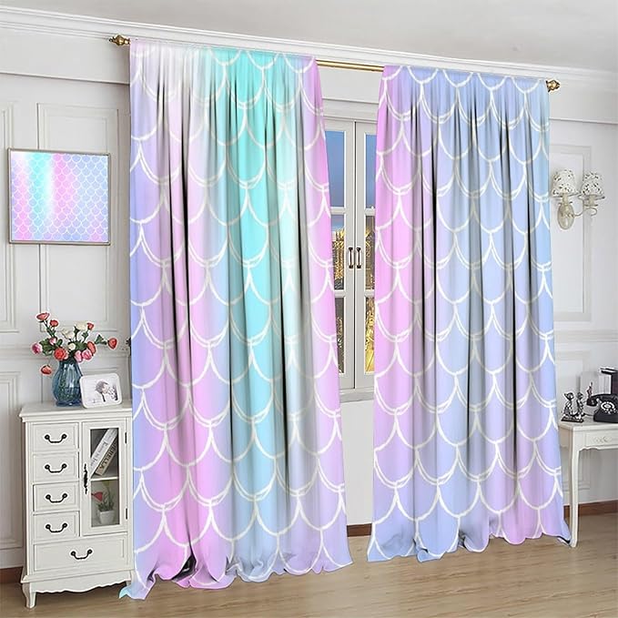 Fantasy Mermaid Curtain Rainbow Mermaid Scales Purple Pink Blue Ocean Theme Dream Blackout Window Treatment for Kids Boys Girls Bedroom Nursery Room Decor Rod Pocket Window Drapes 42x45in