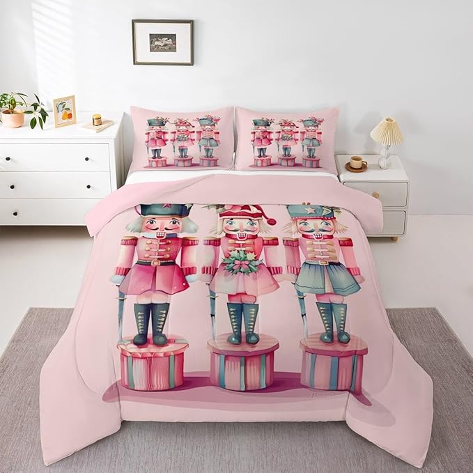 Feelyou Christmas Decor Nutcrackers Kids Comforter Set Toddler Size Pink Christmas Bedding Set Funny Nutcracker Duvet Quilt for Kids Boys Girls Bedroom Berries Printed Decor Kawaii Soft Breathable