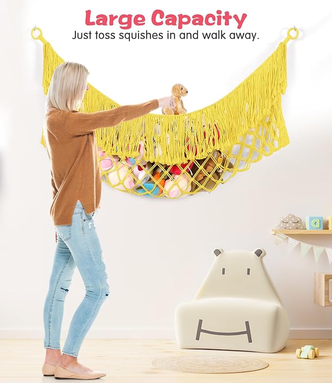 Stuffed Animal Hammock - Extra Large 63'' Long, Stuffed Animal Storage, stuffed animal Holder net, Toy Hammock Large, Toy Storage Hanging Organizer - Lemon yellow