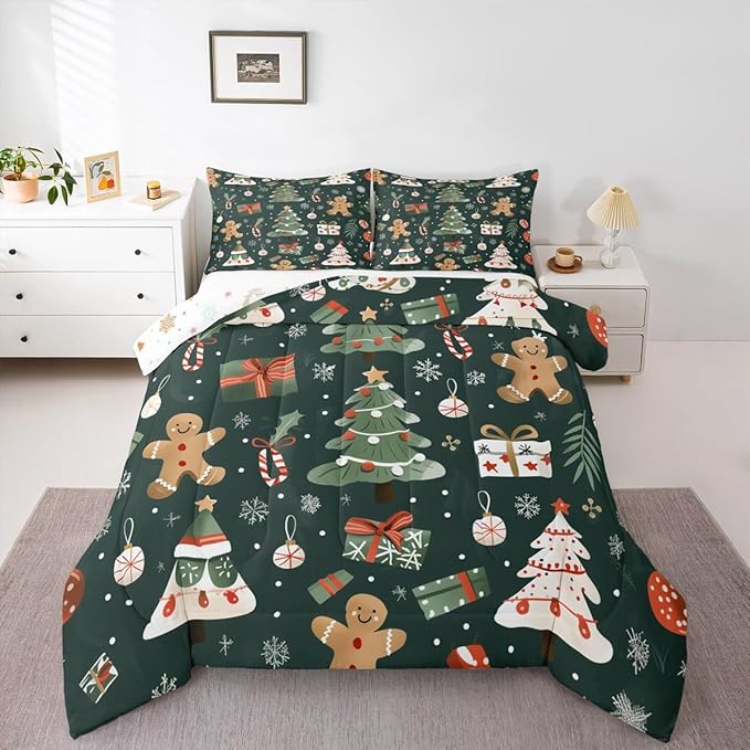 Feelyou Christmas Comforter Set Twin Size Xmas Tree Bedding Set for Kids Boys Girls Gingerbread Man Duvet Quilt New Year Gift Bedroom Decor Microfiber 2 Pcs with 1 Pillow Cases