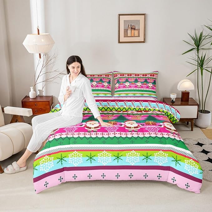 Feelyou Merry Christmas Comforter Set All Season Santa Claus Bedding Set with 1 Pillow Cases Cute Deer Microfiber Kids Twin Bedclothes Snowflake Bedroom Decor Duvet Quilt Breathable Soft
