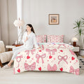 Pink Bowknot Bow Tie Kids Comforter King Size,Love Heart Dot Geometric Patchwork 7 Pcs Bedding Set,Stripe Snowflake Romantic Room Decor,Princess （Fitted+Sheet+2 Pillowcases+2 Throw Pillow Covers）