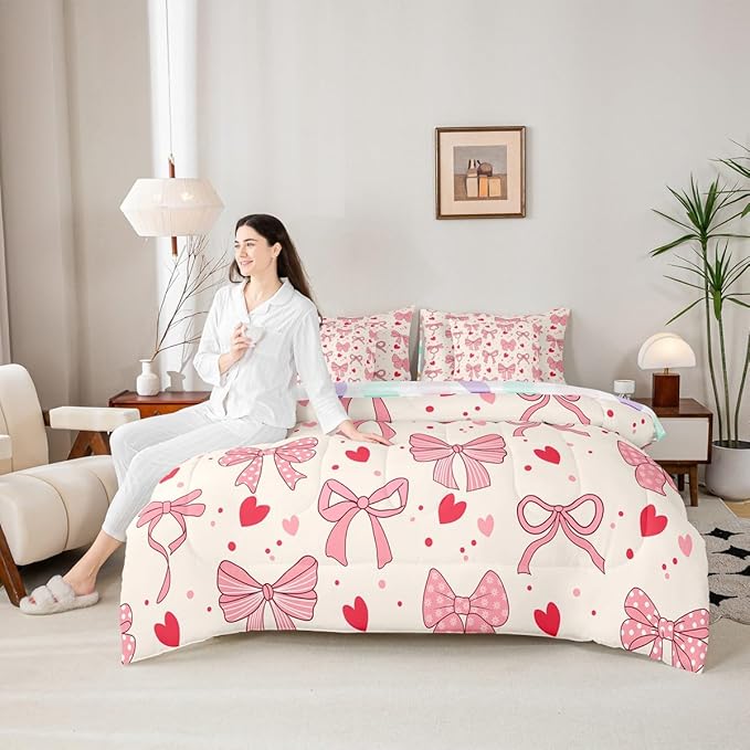 Pink Bowknot Bow Tie Kids Comforter King Size,Love Heart Dot Geometric Patchwork 7 Pcs Bedding Set,Stripe Snowflake Romantic Room Decor,Princess （Fitted+Sheet+2 Pillowcases+2 Throw Pillow Covers）