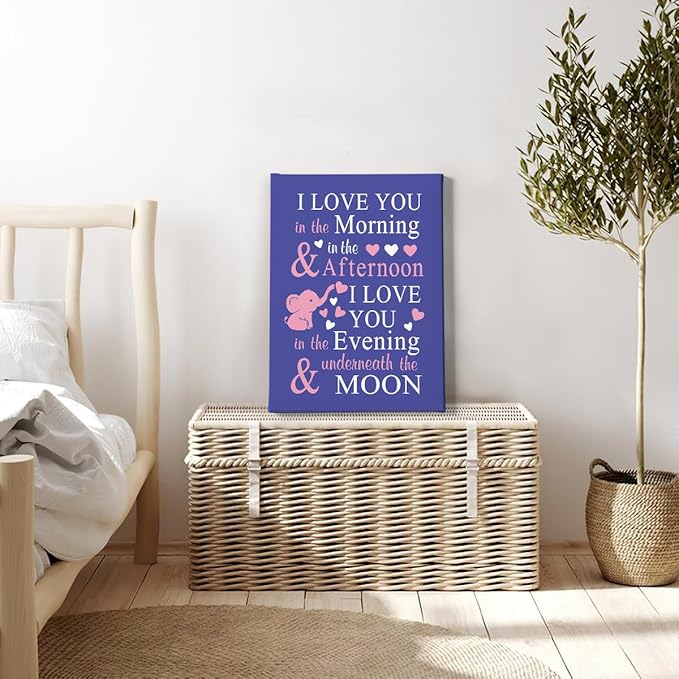 HIWX Baby Elephant Nursery Decor - I Love You In The Morning Sign Framed Canvas Painting Wall Art Decor For Room Bedroom 11x14 (Deep Purple)