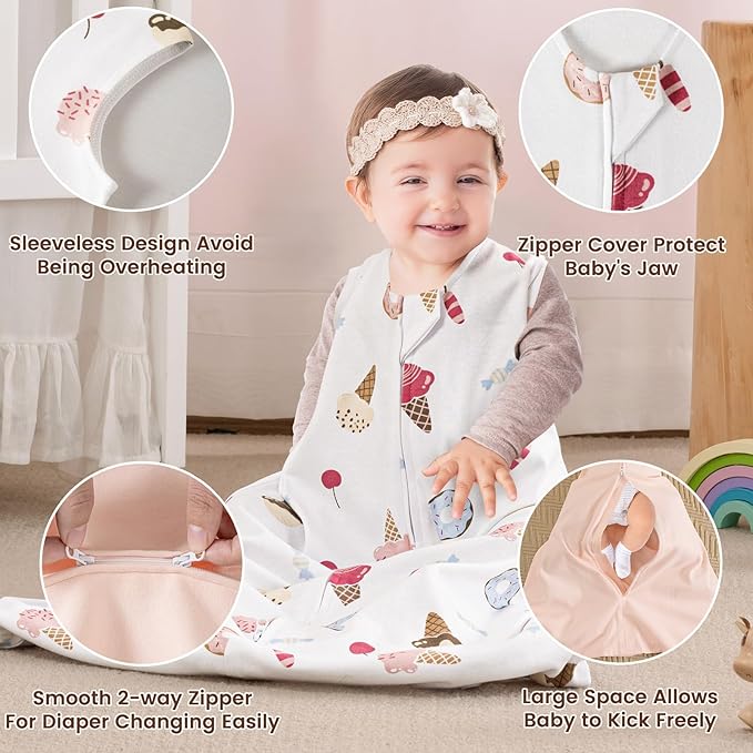 PHF Soft Baby Sleep Sack 18-24 Months 100% Organic Cotton Wearable Blanket, 2-Way Zipper 0.5 TOG Toddler Sleeping Sack 3 Pack, Comfy Sleep Bag for Baby Boys Girls, Ice Cream (X-Large)