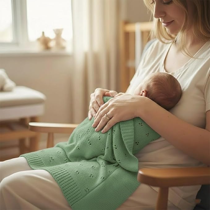 Baby Knit Blanket, 100% Cotton Eyelet Patterns, Soft, Cozy, Lightweight Swaddle for Newborn & Infant Swaddling Beige Neutral, Perfect Baby Shower Ideas Sage Green 28x36