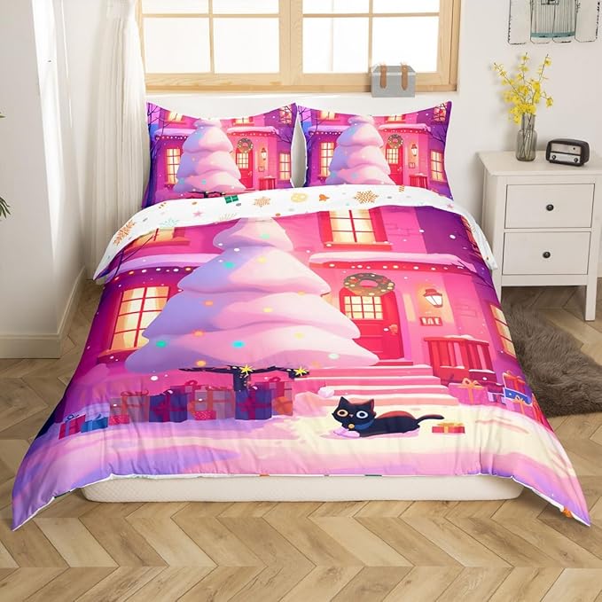 Feelyou Cute Christmas Comforter Cover Set Tree Bedding King Size for Kids Boys Girls Bedroom Bed Decor Xmas Duvet Cover Merry Christmas Bedspread, No Comforter