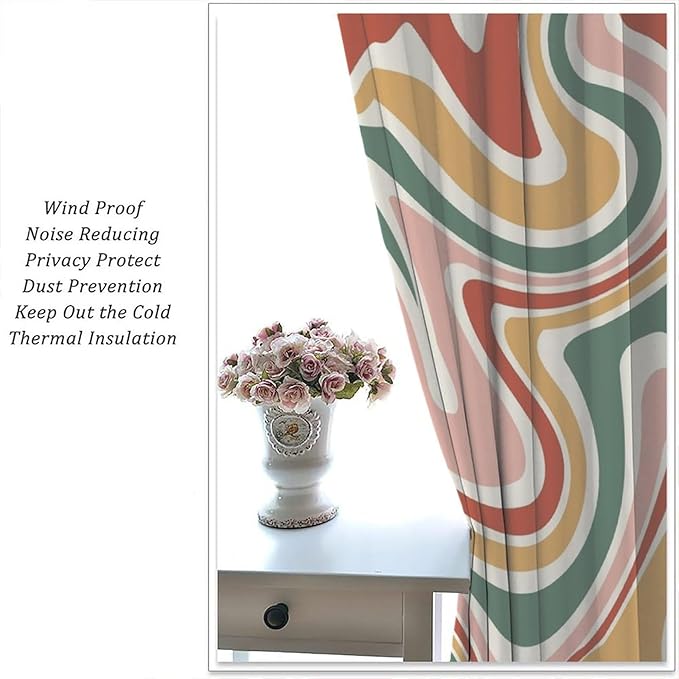 70S Abstract Wavy Swirl Curtain for Bedroom Windows,Retro Boho Minimal Teen Girls Kids Living Room Restroom Window Treatments Drapes 42"" W X 63"" L, Style-4